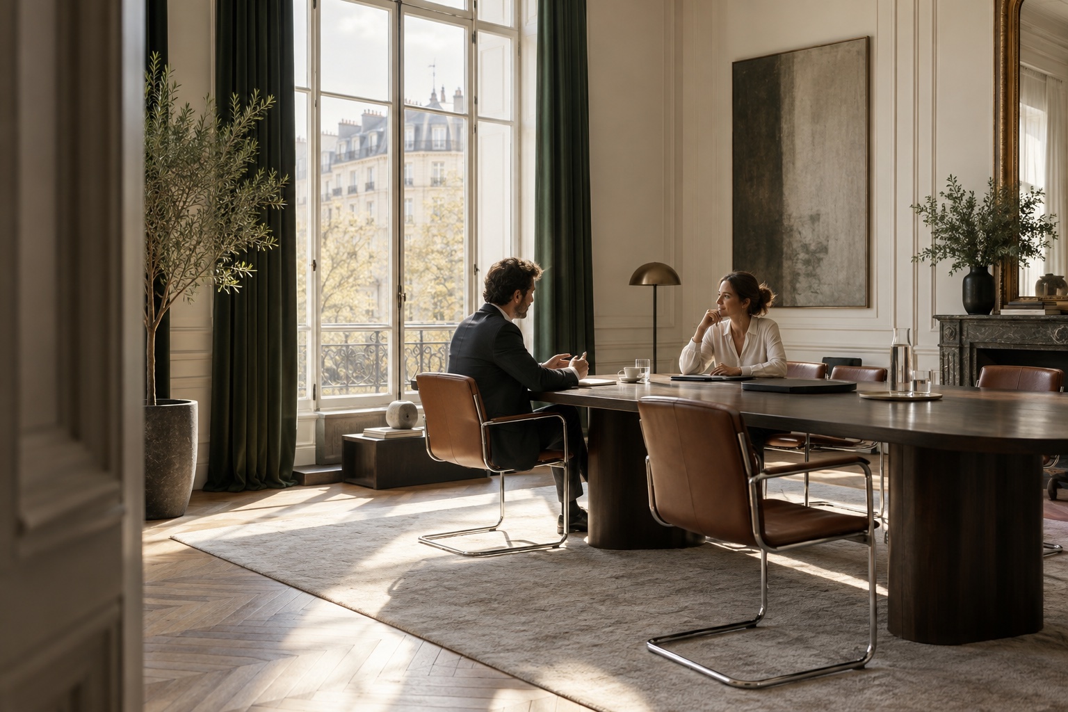 Échange entre professionnels dans un bureau lumineux